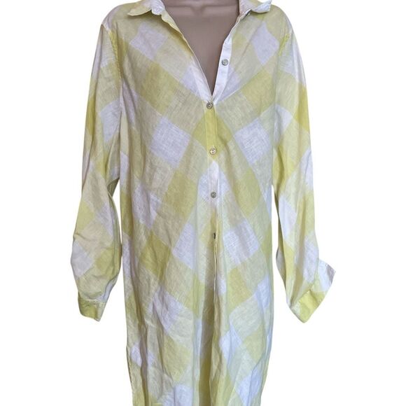 Yellow and White Plaid Button-Up Shirt Dress long sleeves buttons sleeve sz3 - Picture 1 of 10